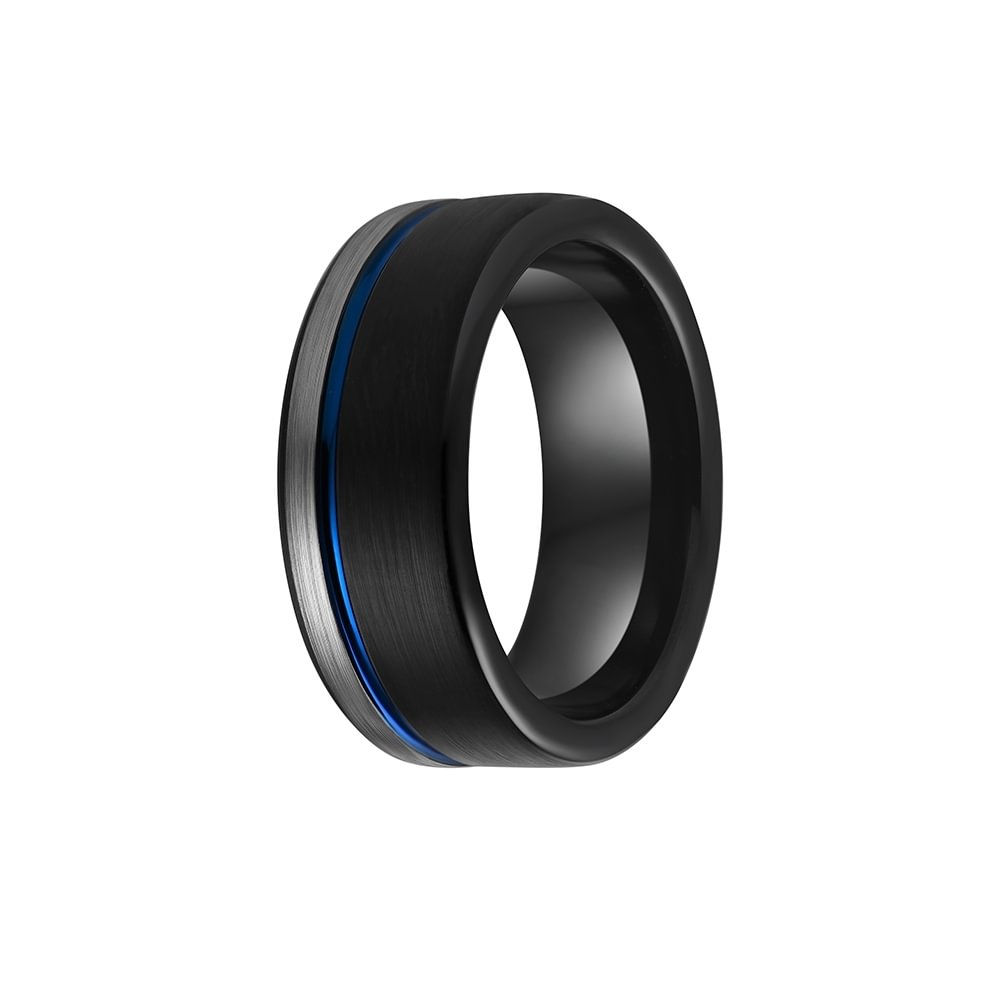 Women's Or Men's Blue,Grey and Black Triple Tone Tungsten Carbide Wedding Band Rings,Pipe Cut,Flat Edges Ring Width 6MM 8MM