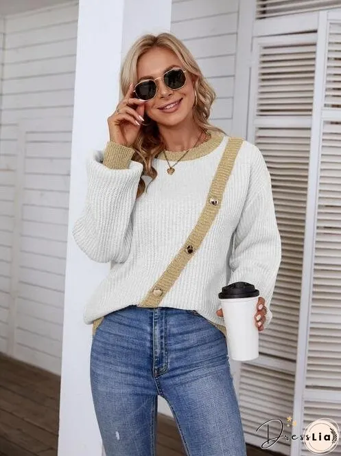 Decorative Button Round Neck Sweater