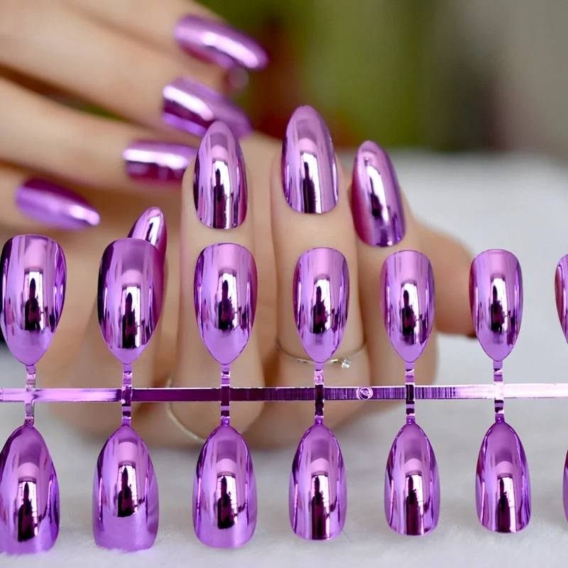 Mirror Silver False Nails STILETTO Point Metallic Acrylic Nail Tips 24pcs/kit Easy for Daily wear-Nail Inspo
