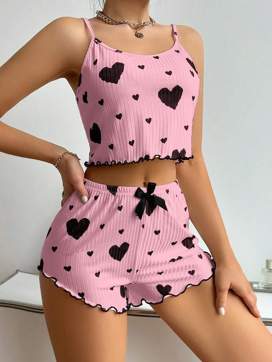 Uveng Summer New 2024 Knitted Pit Strip Love Print Design Sweet Sling Shorts Pure Pyjamas Woman