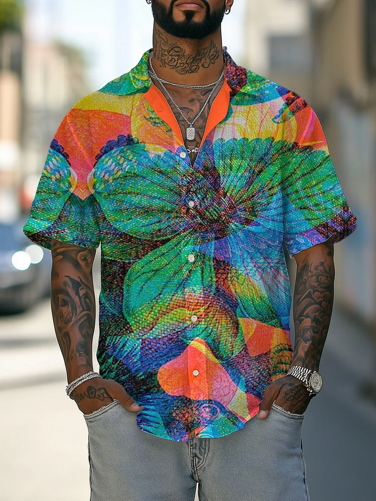 Men's Contrast Color Plant Print Shirt