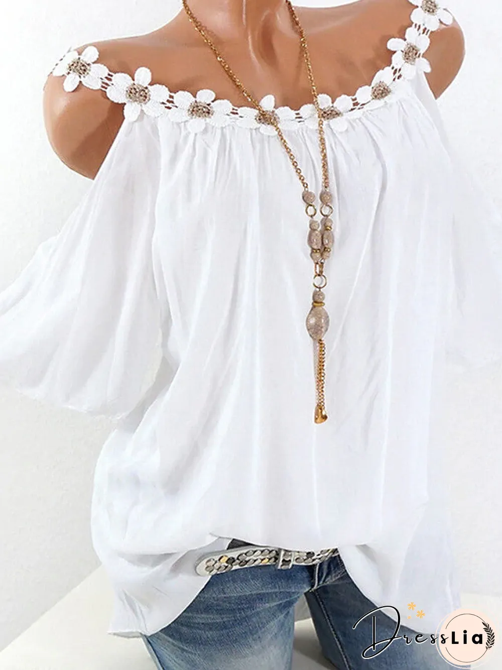 Women's T-shirt Solid Colored Lace Fashion Off Shoulder Round Neck Tops Basic Top White Blushing Pink Green-828