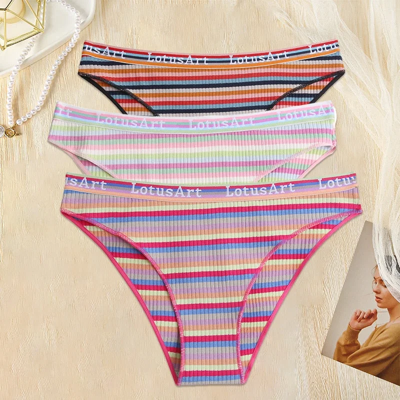 FINETOO 3PCS/Set Women Cotton Seamless Panties for Female M-XL Underwear Panty Sexy Colorful Striped Lingerie Letter Waist Brief