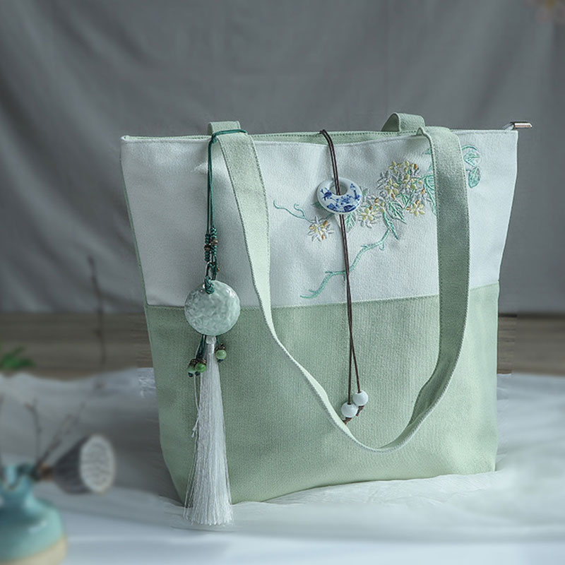 Plum Embroidery Color Block Vintage Tote Bag