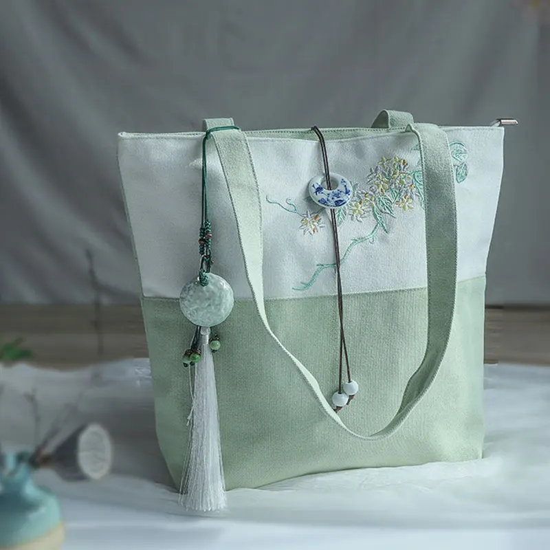 Plum Embroidery Color Block Vintage Tote Bag