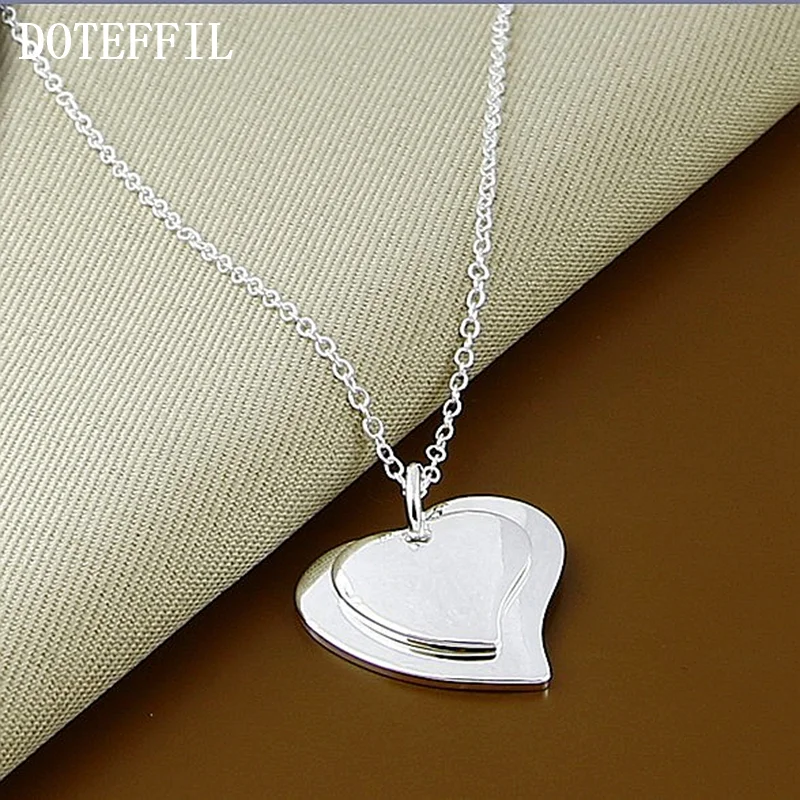 DOTEFFIL 925 Sterling Silver 18 Inch Chain Double Heart Pendant Necklace For Women Jewelry 