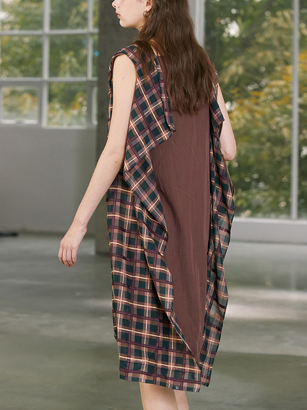 Plaid Print Sleeveless Ruched Back Patchwork Midi Dress