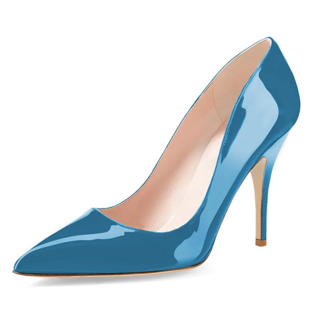 Blue Patent Leather Pointed Toe Stiletto Heel Simple Pumps Shoes