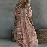 Women's Floral Roses Art Print Flowy Linen Blend Casual Short Sleeve Maxi Dress - Image 2