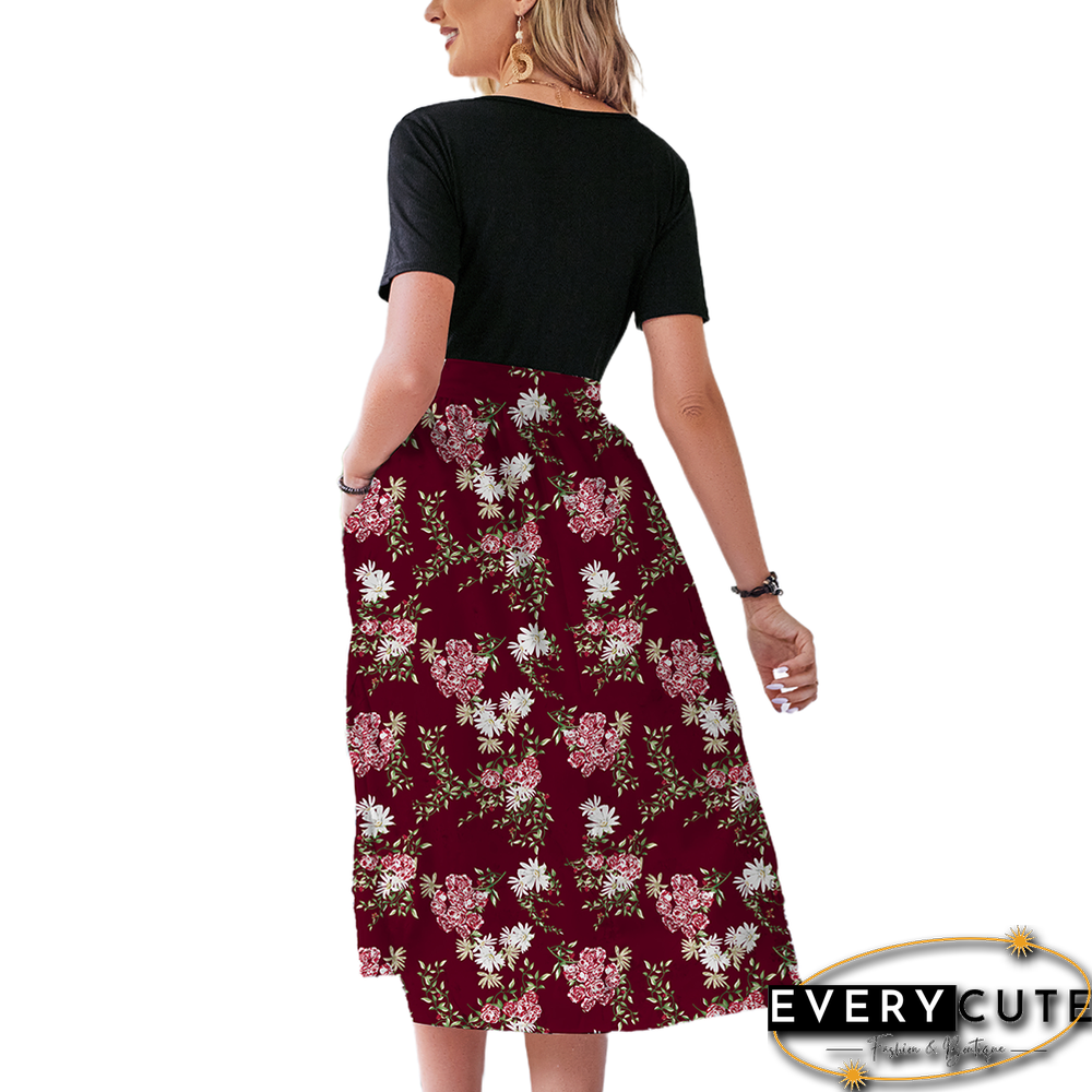 Burgundy Floral Print Spliced Short Sleeve Dress
