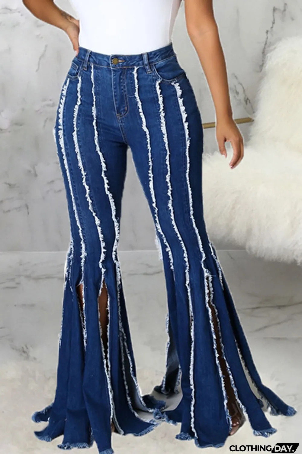 Dark Blue Street Solid Split Joint Slit Boot Cut Denim Jeans