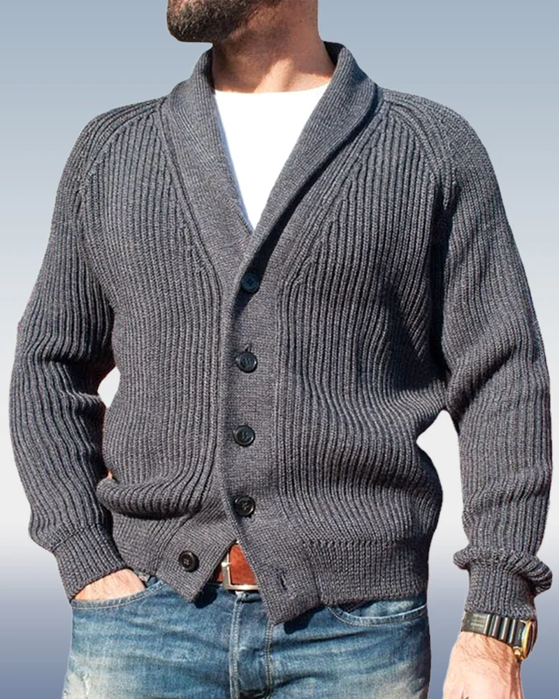 Men's Solid Color Lapel Long Sleeve Knit Cardigan Sweater