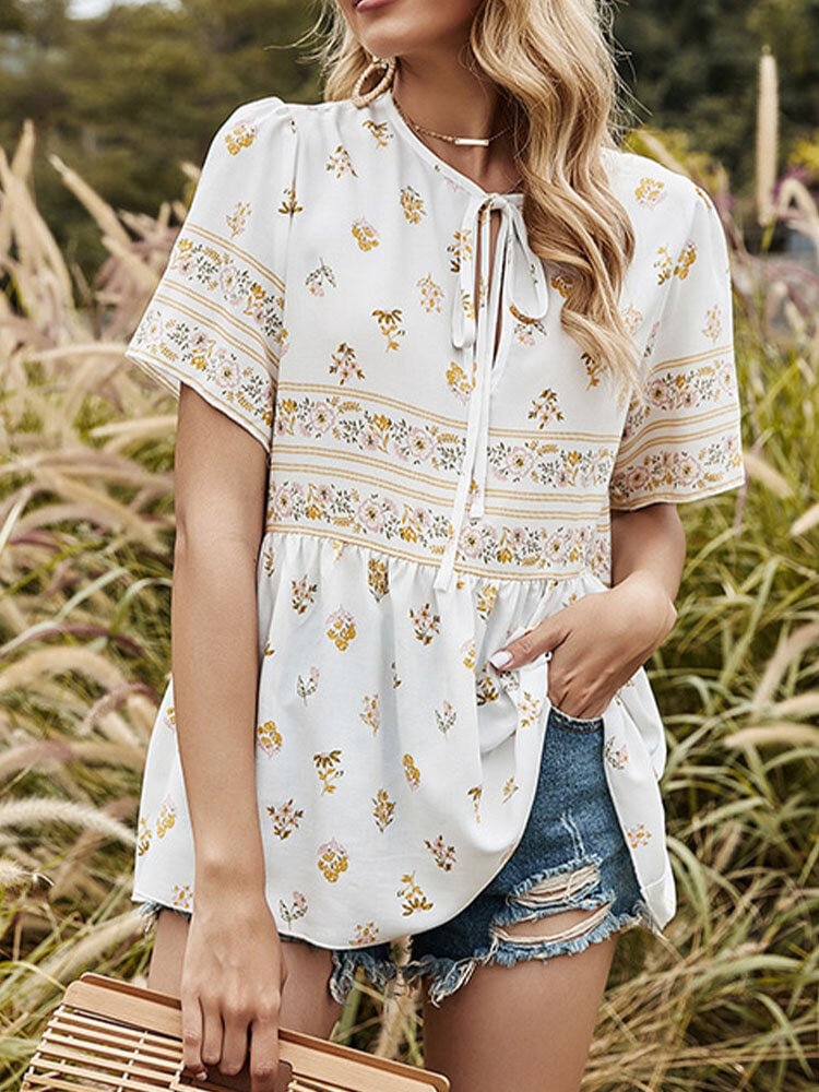 Floral Print O neck Knotted Short Sleeve Women Blouse P1854478