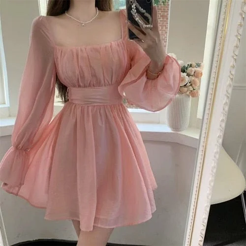 Pink/White Sweet Elegant Princess Long Sleeve Fairy Backless Dress SP16947