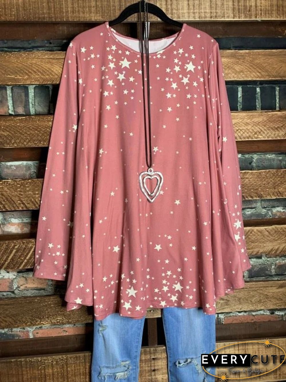 Pink Stars Printed Shift Crew Neck Long Sleeve Tops