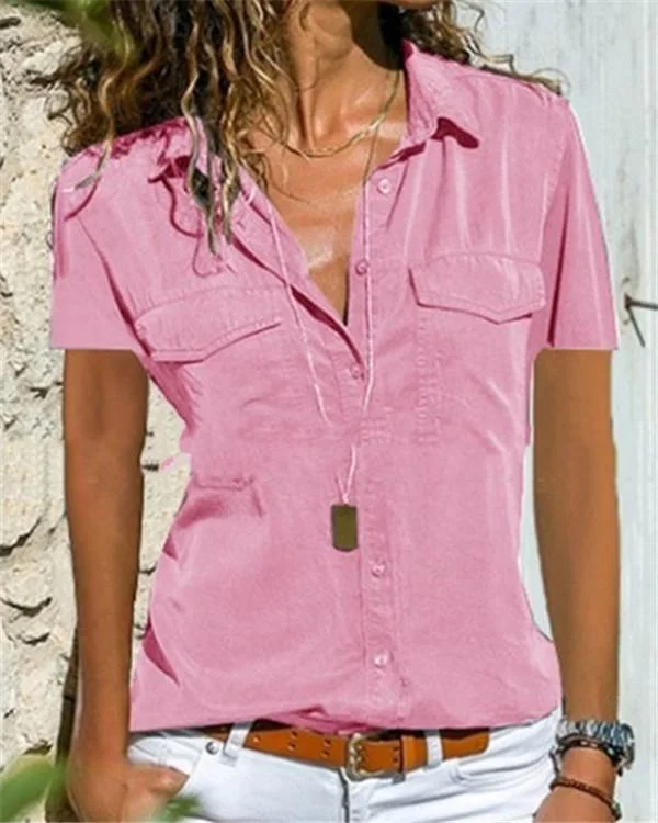 Fashion V-Neck Short Sleeve Casual Solid Shirts Blouses