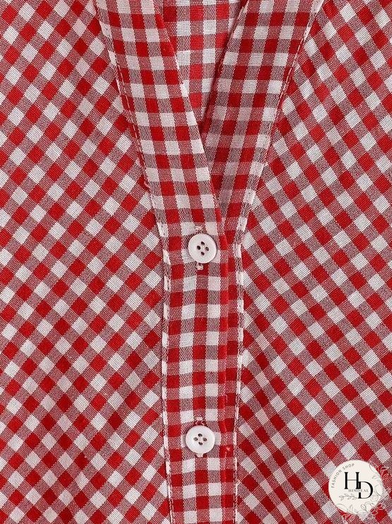 Button Up Gingham Lantern Sleeve Shirt for Women