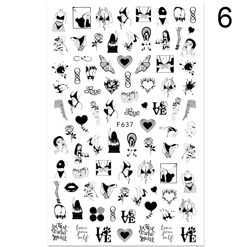 1 Sheet 3D Nail Stickers Black Geometric Flower Letter Patterns Adhesive Transfer Decals Nail Art DIY Design Decoration-Nail Inspo