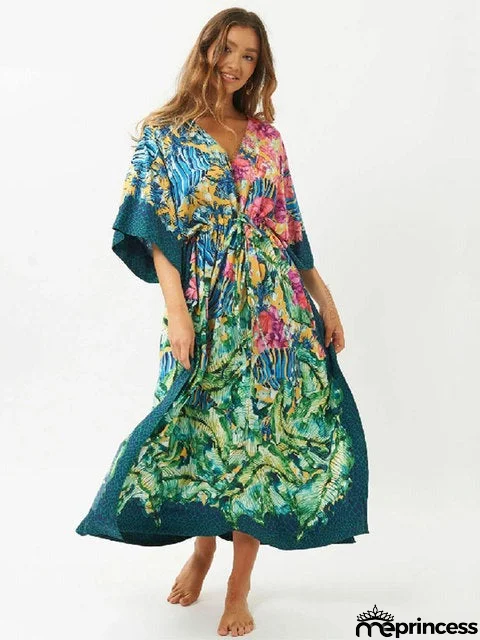 Women's V-Neck Short Sleeve Caftan Style Beach Wear Cover Up