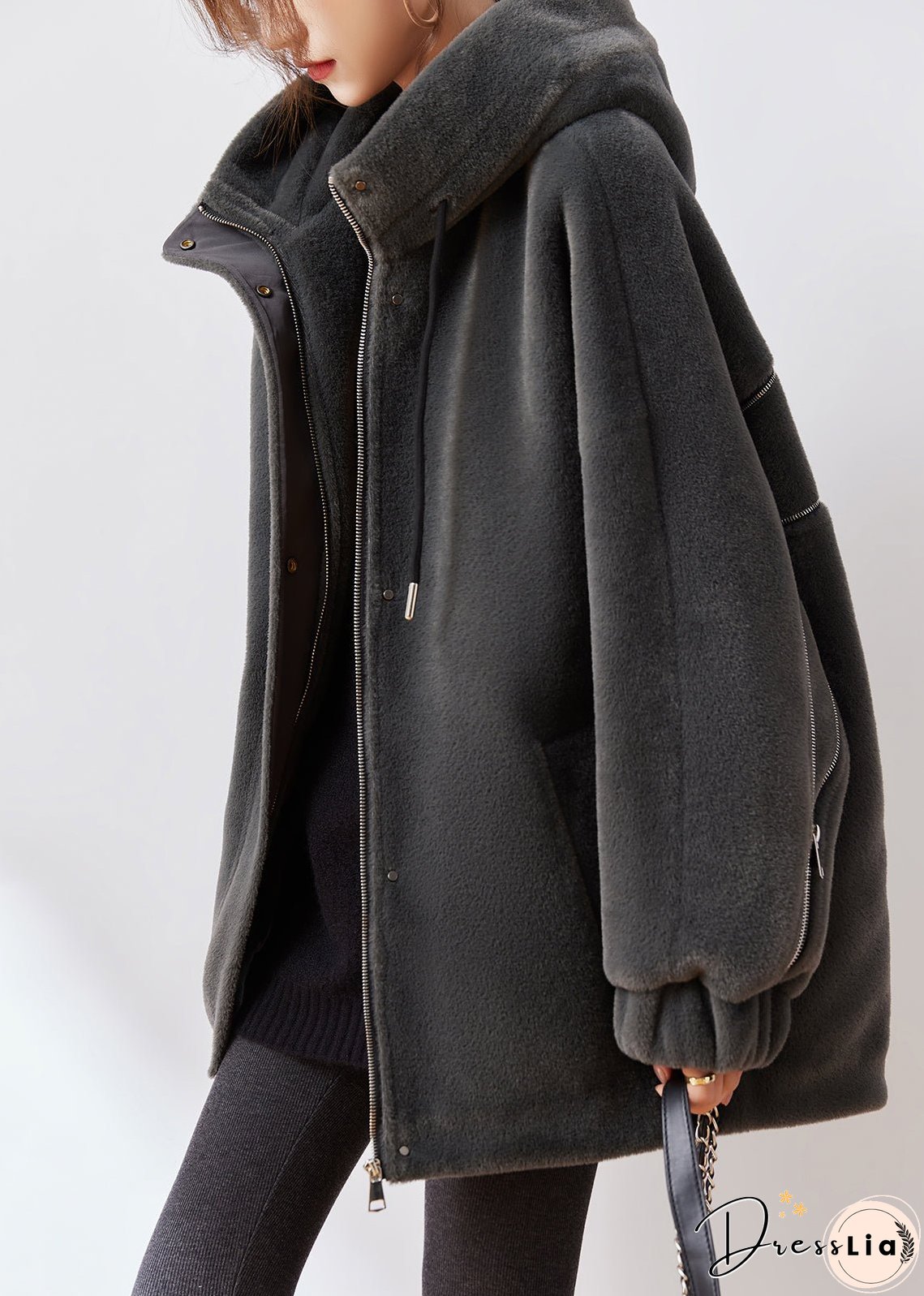 Modern Dark Grey Zip Up Cotton Filled Mink Velvet Coats Winter