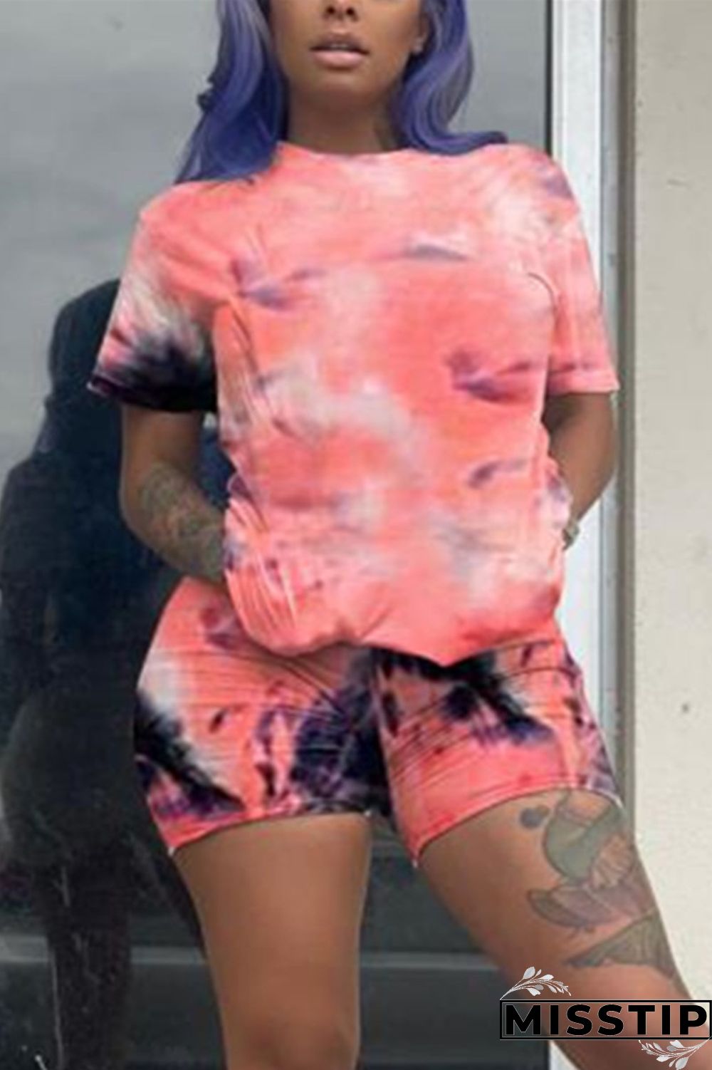 Pink Fashion Casual Tie-dye Printed Two-piece Set