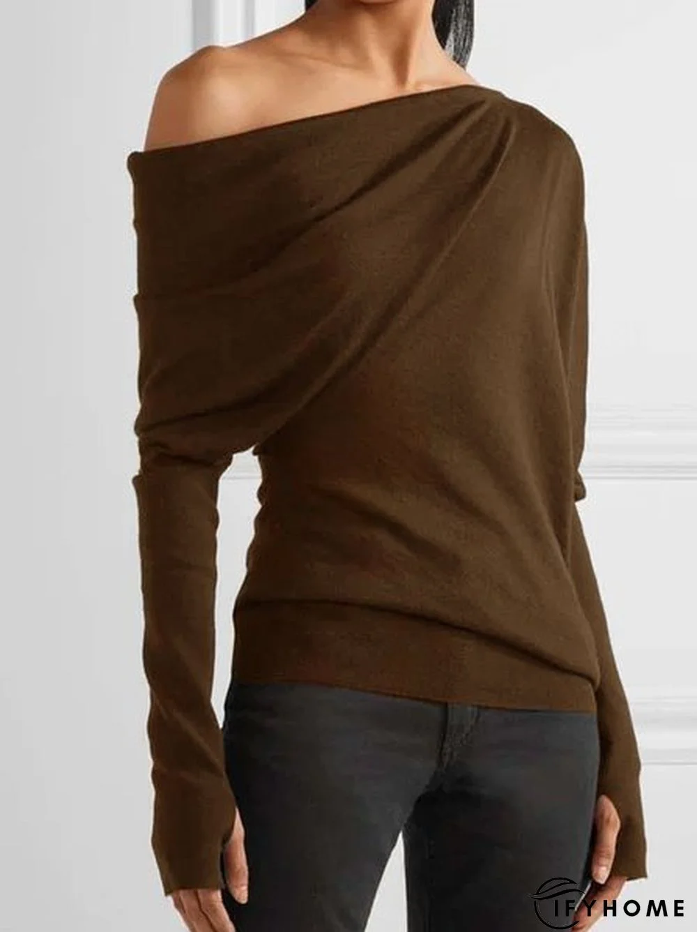 Long Sleeve Solid One Shoulder Casual T-shirt | IFYHOME