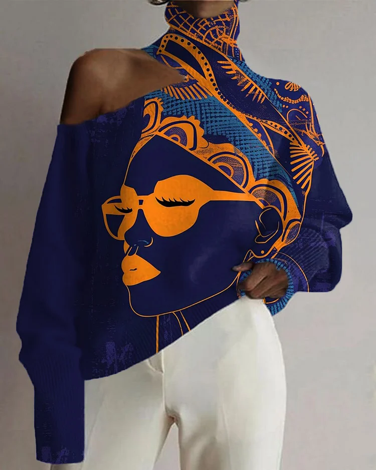 Black Ethnic Girl Art Color Matching Personality Print Hollowed Out High Neck Top