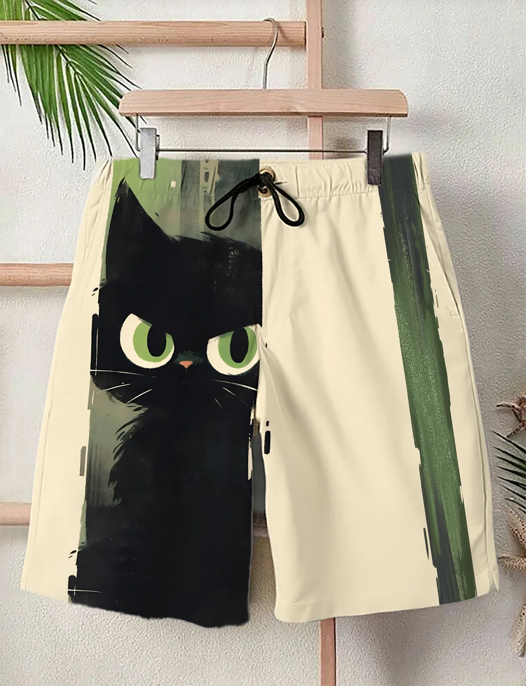 Men's Big Eyed Black Cat Graphic Print Casual Shorts