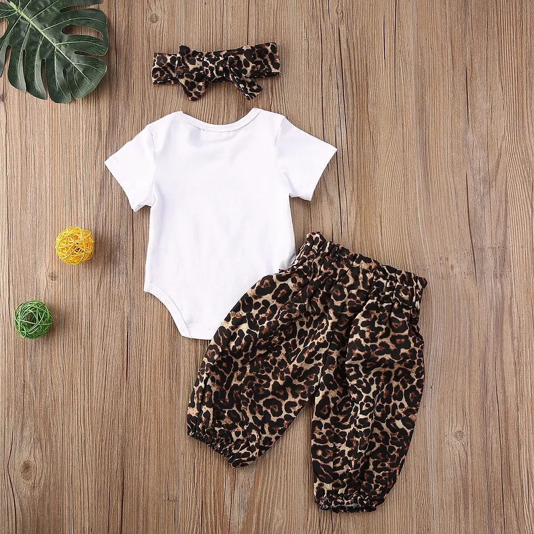 2020 Baby Summer Clothing Infant Newborn Baby Girl Letter Bodysuits Leopard Pants Headband 3Pcs Set Outfits