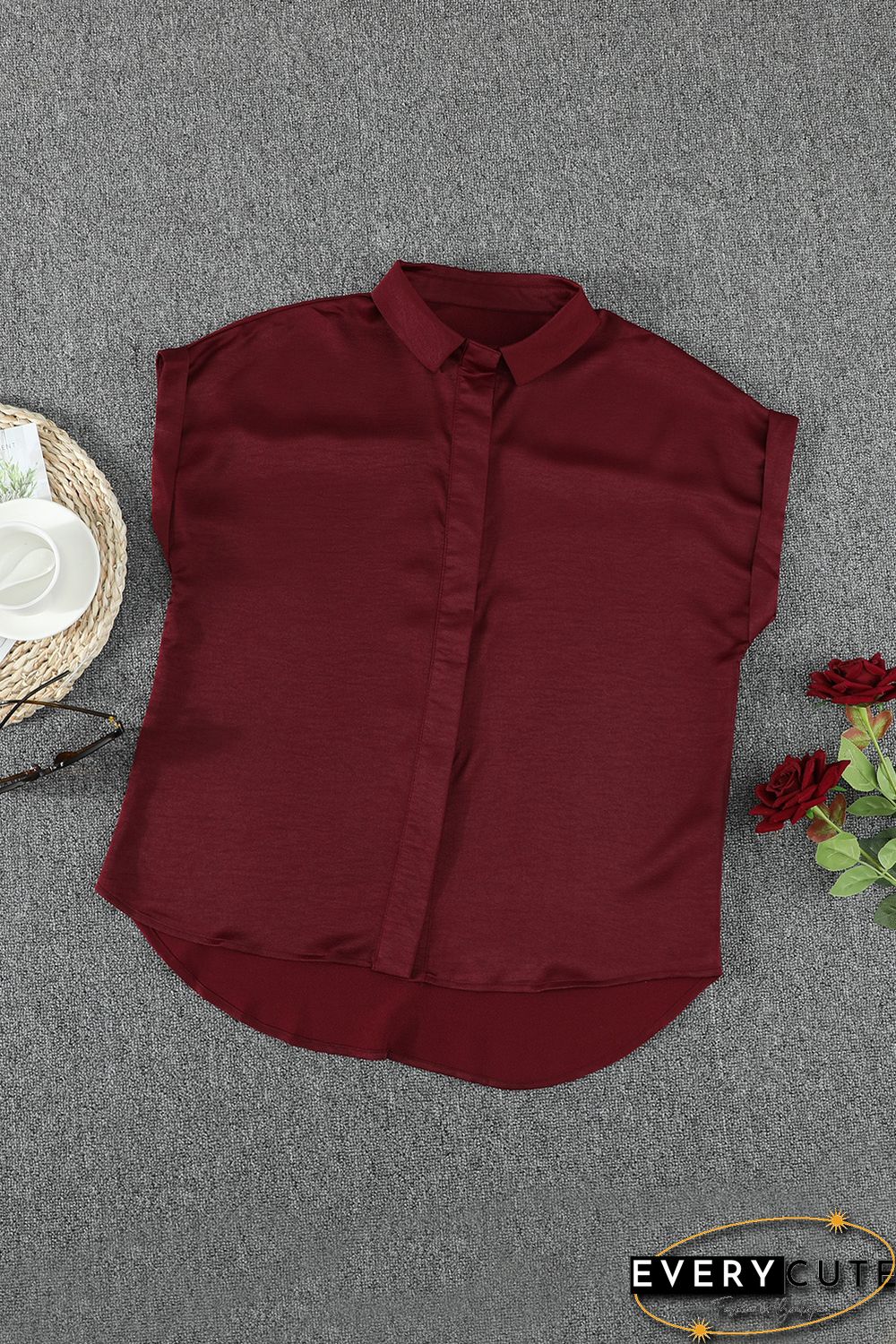 Wine Red Collared Button Short Sleeves Shirt
