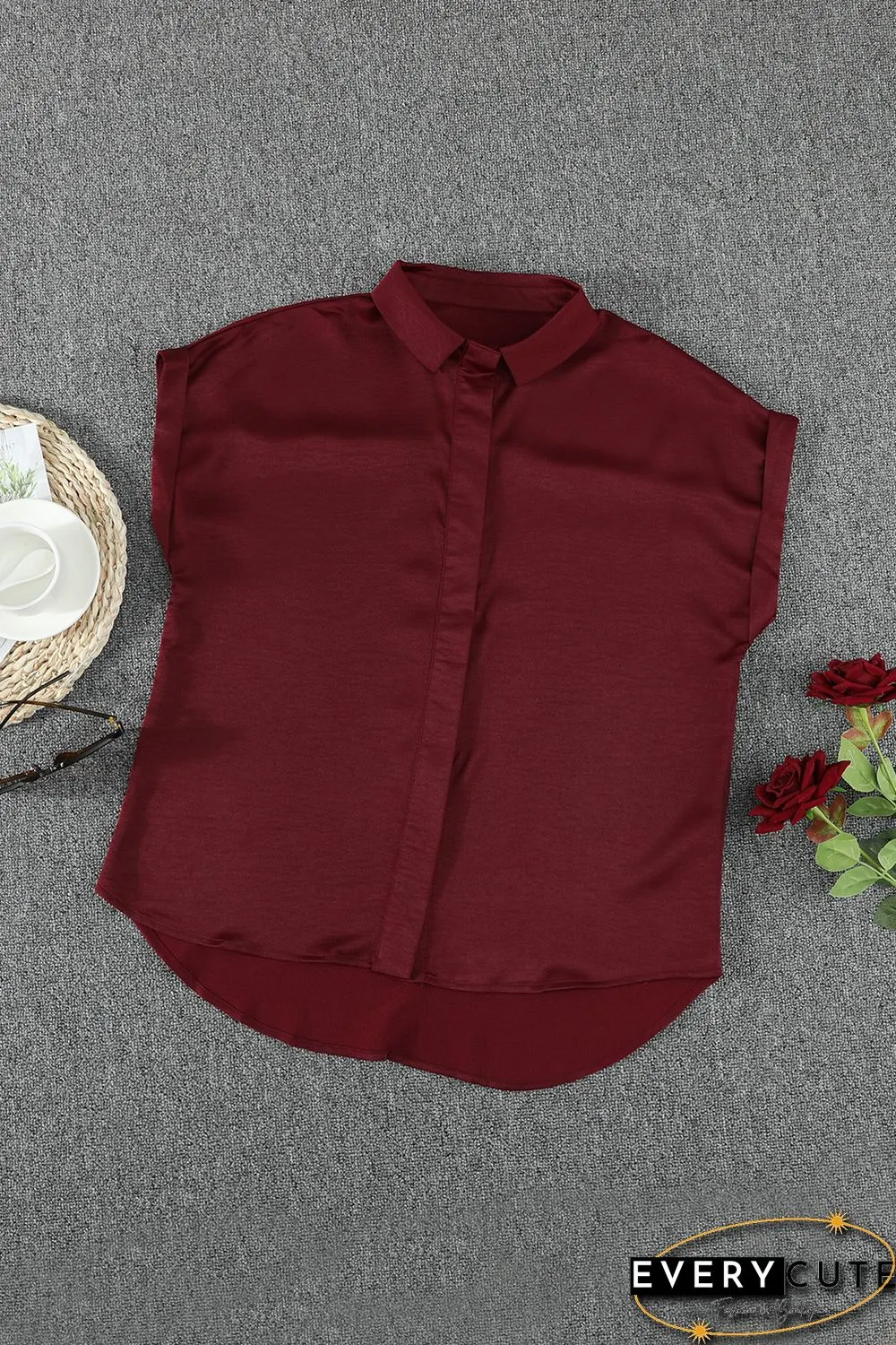 Wine Red Collared Button Short Sleeves Shirt