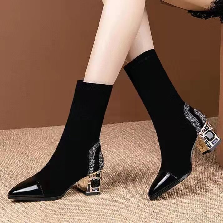 Slim Short Boots Woman Mid Calf Boot Elastic Fabric Rhinestone Square Heel Women's Winter Shoes 2020 Female Footware BLACK