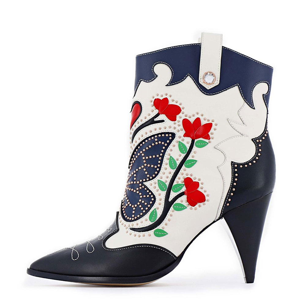 Black & White Butterfly Floral Booties Stud Cone Heel Cowgirl Boots