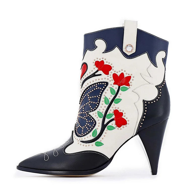 Black & White Butterfly Floral Booties Stud Cone Heel Cowgirl Boots |FSJ Shoes