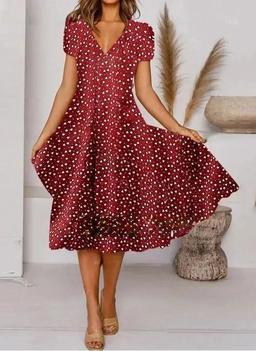 Summer new ladies casual short-sleeved V-neck round dim sum print dress
