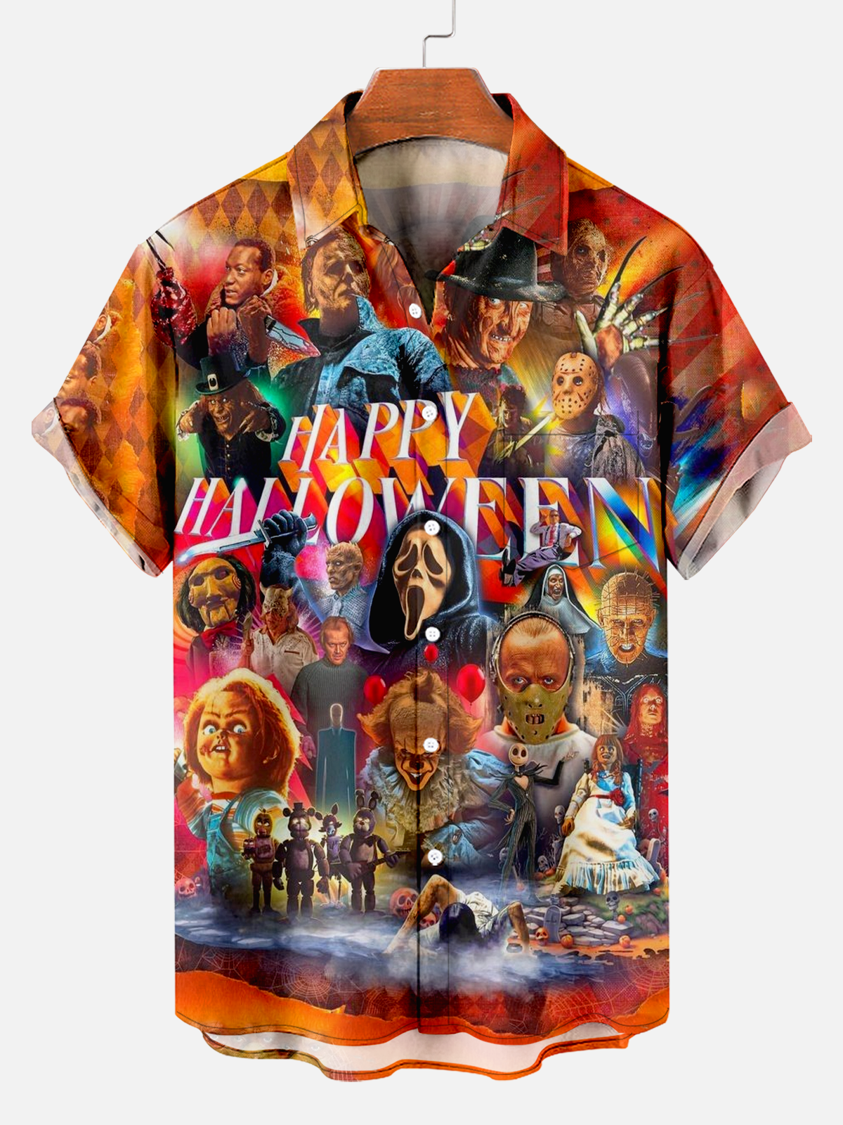 Men's Retro Horror Movie Character Print Shirt PLUSCLOTHESMAN