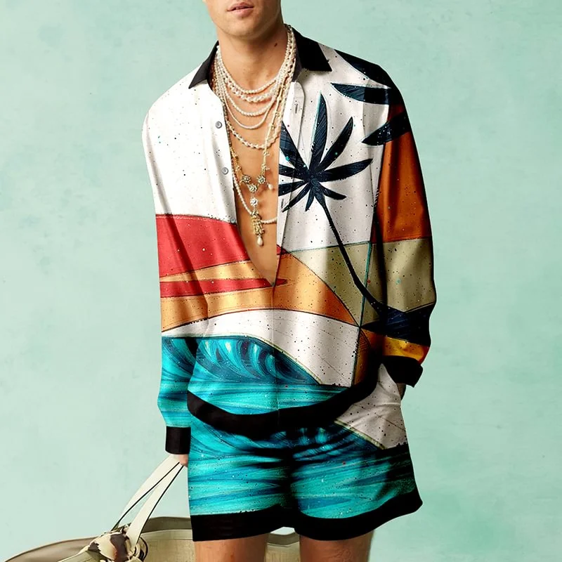 Coconut Tree Print Long Sleeve Shirt Shorts Set