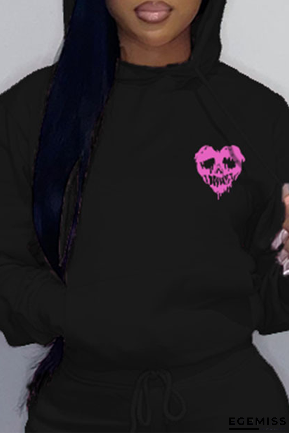 Black Casual Print Patchwork Hooded Collar Tops | EGEMISS