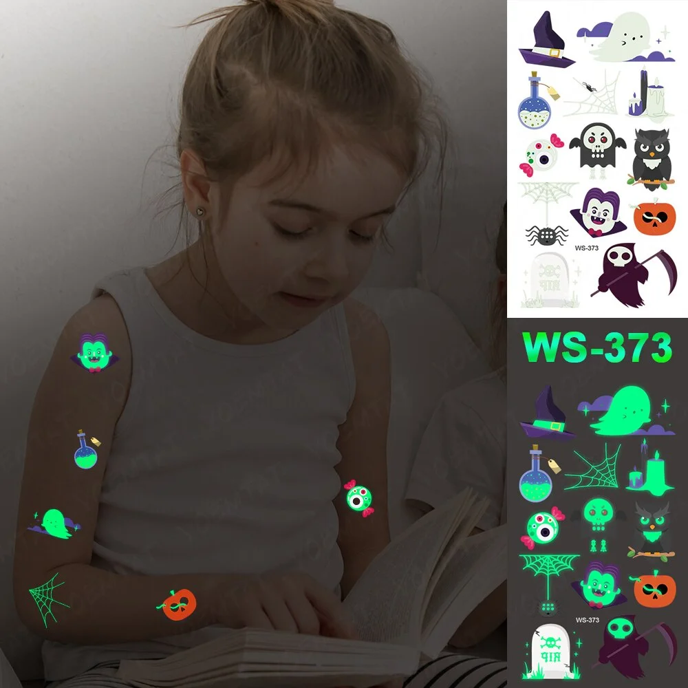 Halloween Party Cartoon Magic book witch Luminous night Tattoo Stickers Elf Ghost Temporary Waterproof Glitter Body Art For Kid