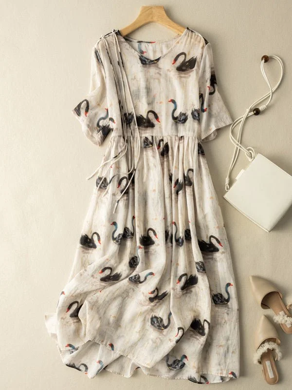 Women's Ramie Swan Print Short Sleeve Midi Dress