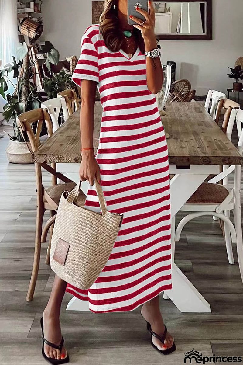 Casual Striped Patchwork V Neck A Line Short Sleeve Dress