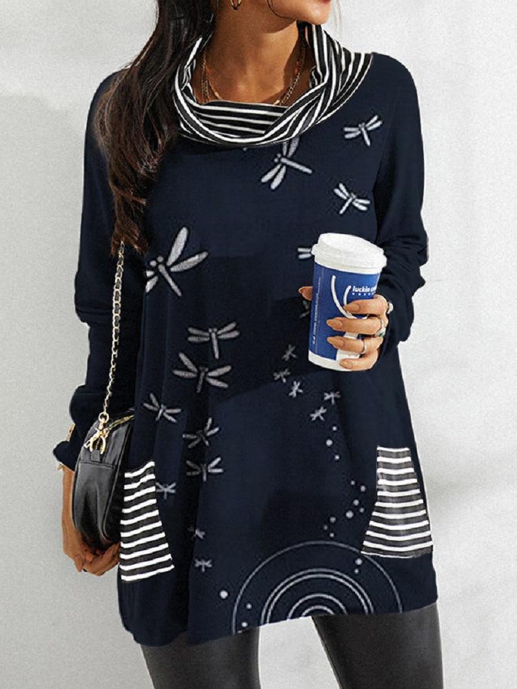 Women's Turtle Neck Long Sleeve Printed Tops