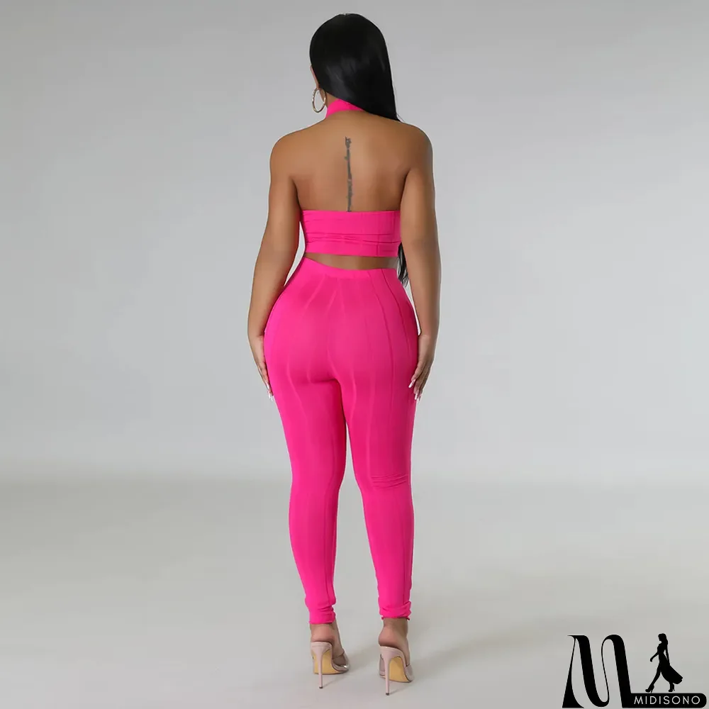 MidiSono - Halter Neck Top Slim Pants Casual Two-piece Set
