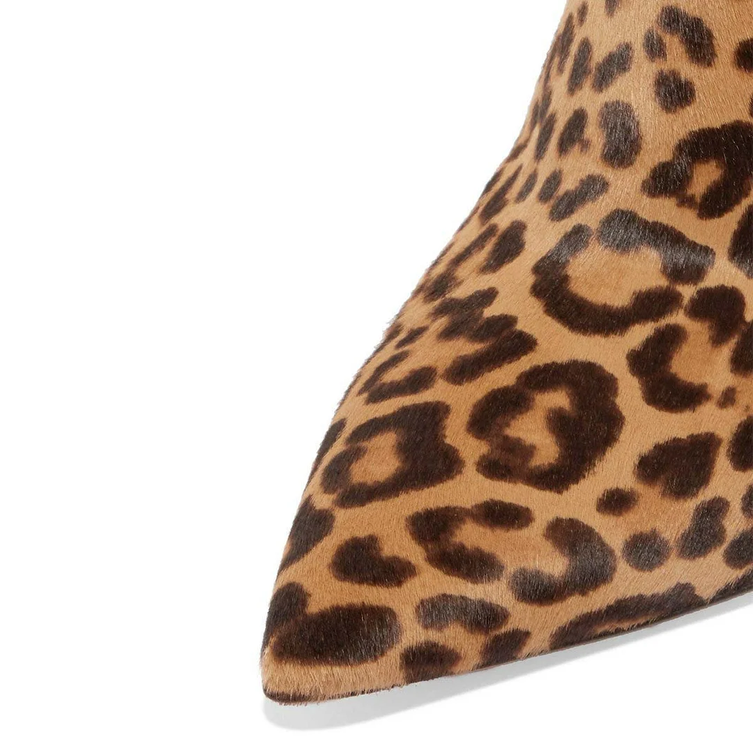 Brown & Black Pointed Toe Leopard Print Side Zipper Short Booties