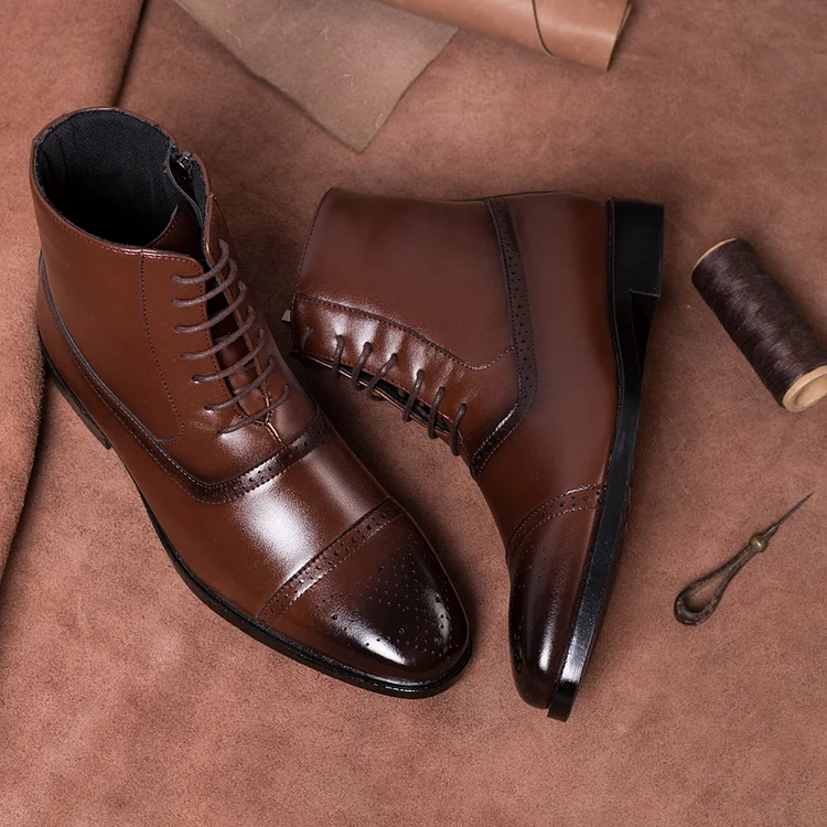 Men's Solid Lace Up Pointed Toe Side Zipper Leather Boots
