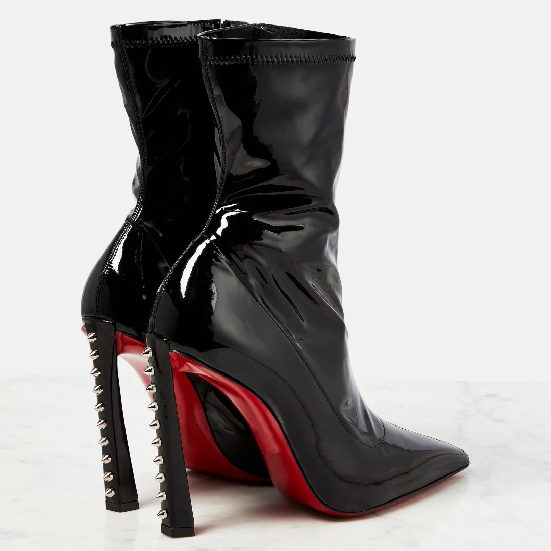 85mm Women's Mirrored Patent Leather Black Rivet Red Bottom Ankle Boots-MERUMOTE