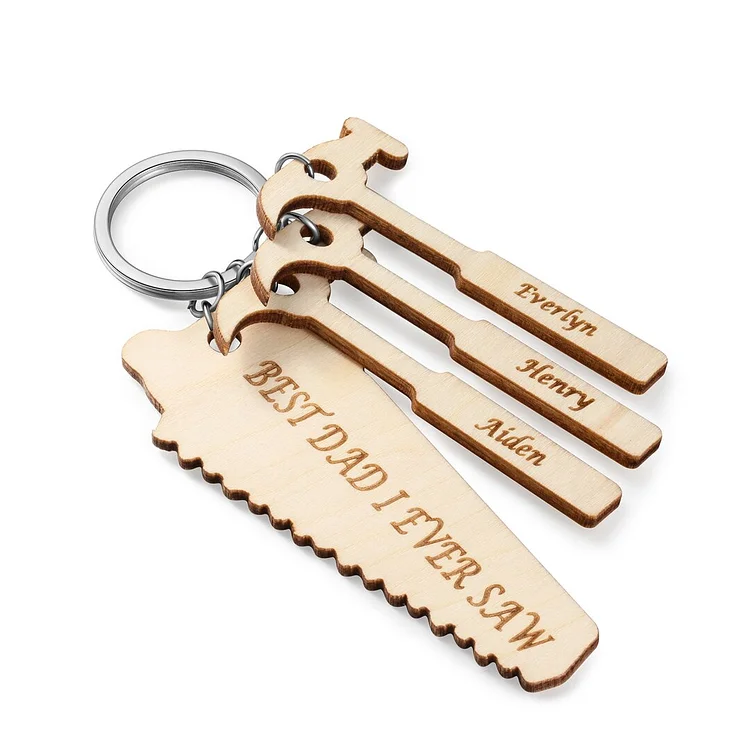 Personalized Wooden Keychain Engraved With Saw Shaped Text And 3 Hammer Names Keychain