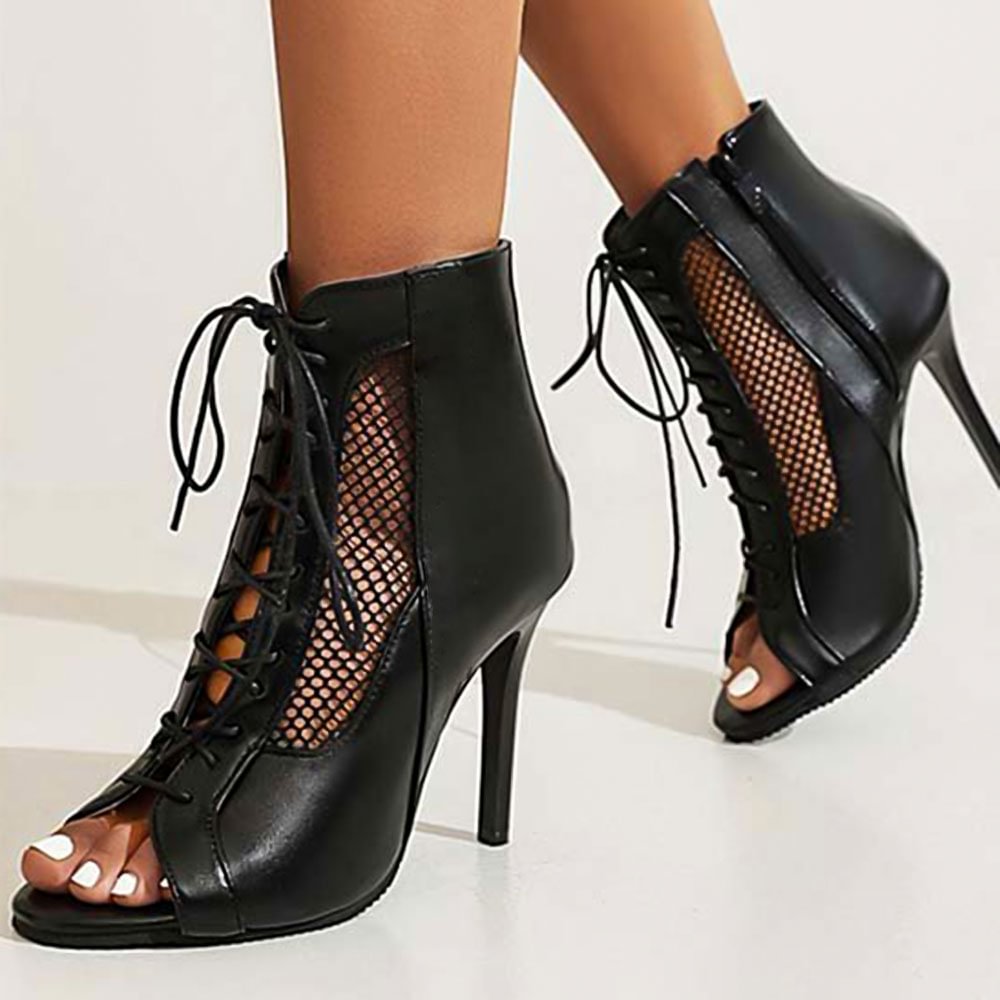 Black Leather Booties Round Open Toe Ankle Boots With Mesh Design Nicepairs