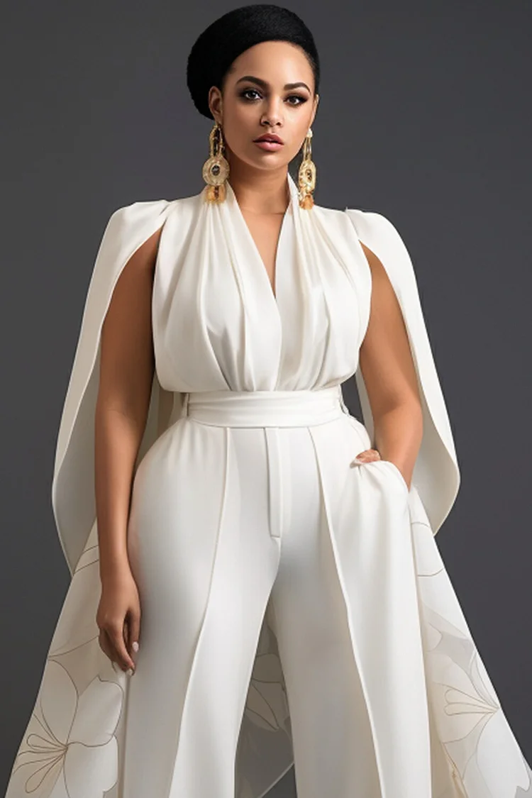 Xpluswear Design Plus Size Mother Of The Bride White Elegant Floral V Neck With Skirt Overlay Pocket Jumpsuits [Pre-Order]