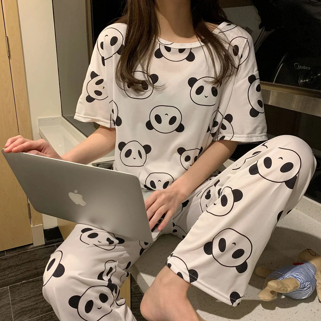 Two Pieces Short Sleeved Women Pajamas Sets Nightwear Home Suit Cartoons Sleepwear Leisure Clothes Personality Tops Pants NW56